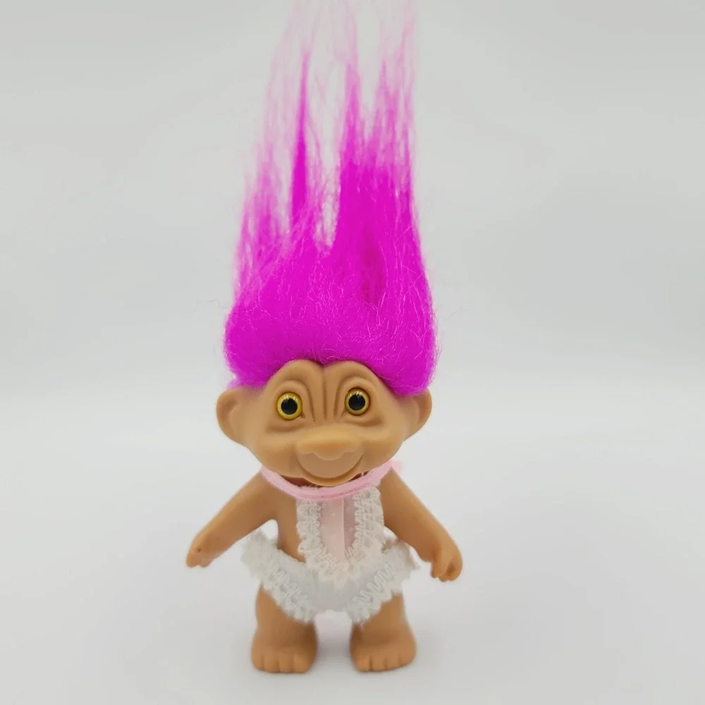 Vintage Russ Small Troll Doll Fuchsia Pink Hair Pink Bib White Diaper Baby 1990s
